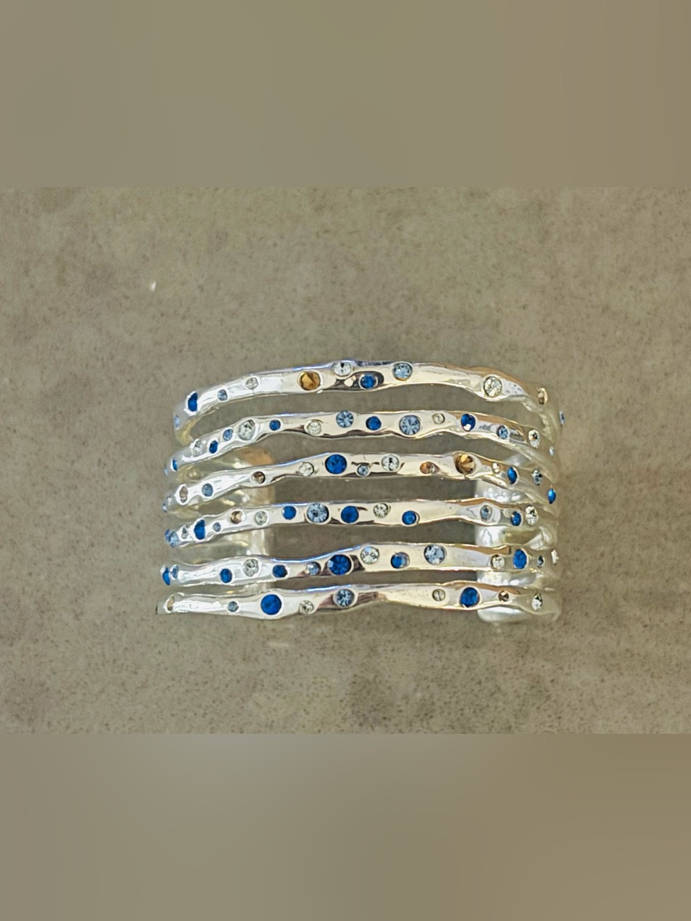 Multi-Row Blue/Gold Crystal Sterling Silver Cuff Bracelet